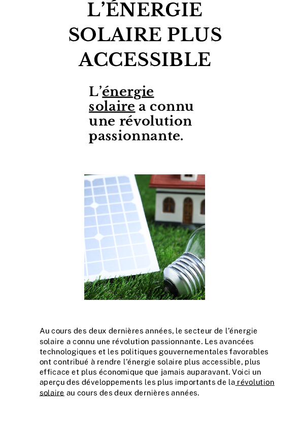 découvrez comment l'énergie solaire devient accessible à tous, avec des solutions abordables et durables qui transforment votre consommation énergétique. profitez des avantages d'une énergie propre et renouvelable tout en réduisant vos factures d'électricité.