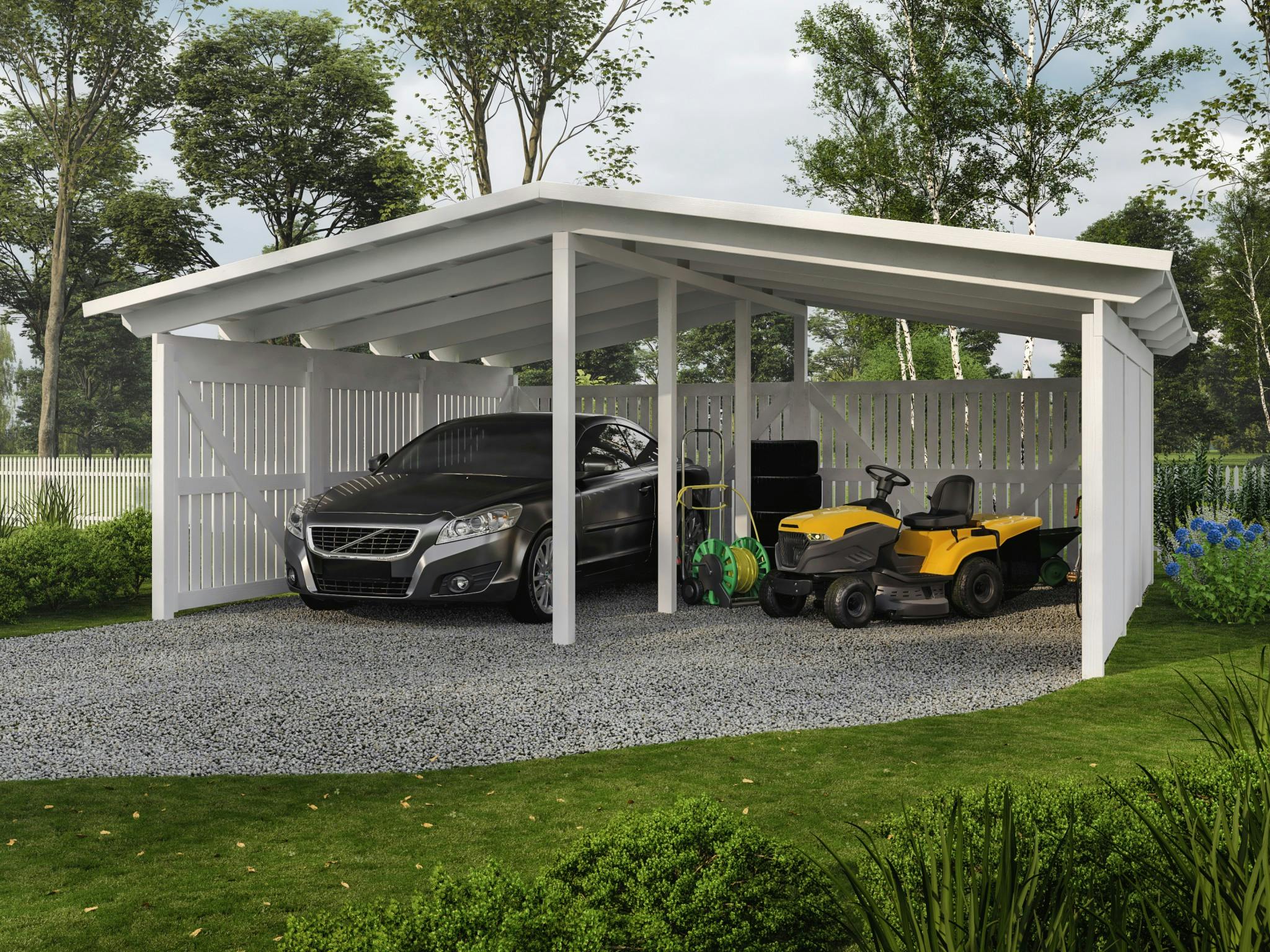 découvrez notre carport moderne pour 2 voitures, alliant élégance et fonctionnalité. protégez votre véhicule des intempéries tout en ajoutant une touche esthétique à votre espace extérieur. idéal pour maximiser votre confort et préserver l'état de votre voiture.