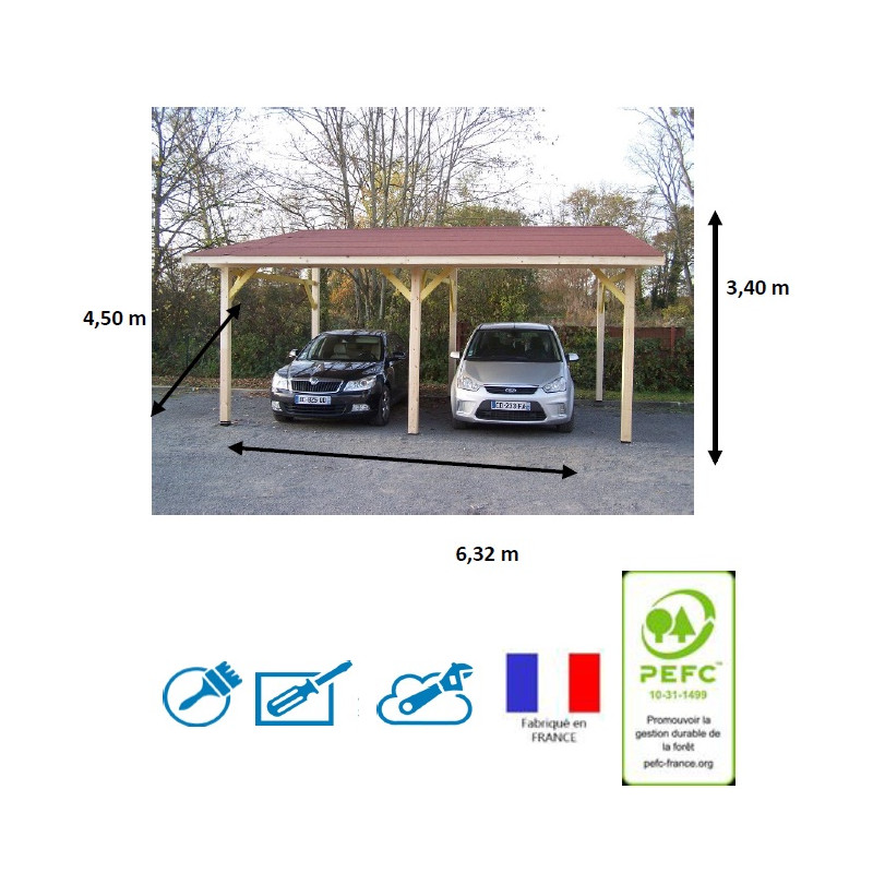 découvrez notre carport en bois conçu pour accueillir deux voitures. alliant esthétique et fonctionnalité, ce carport offre une protection optimale contre les intempéries tout en s'intégrant harmonieusement dans votre jardin. idéal pour préserver la carrosserie de vos véhicules tout en ajoutant une touche naturelle à votre extérieur.