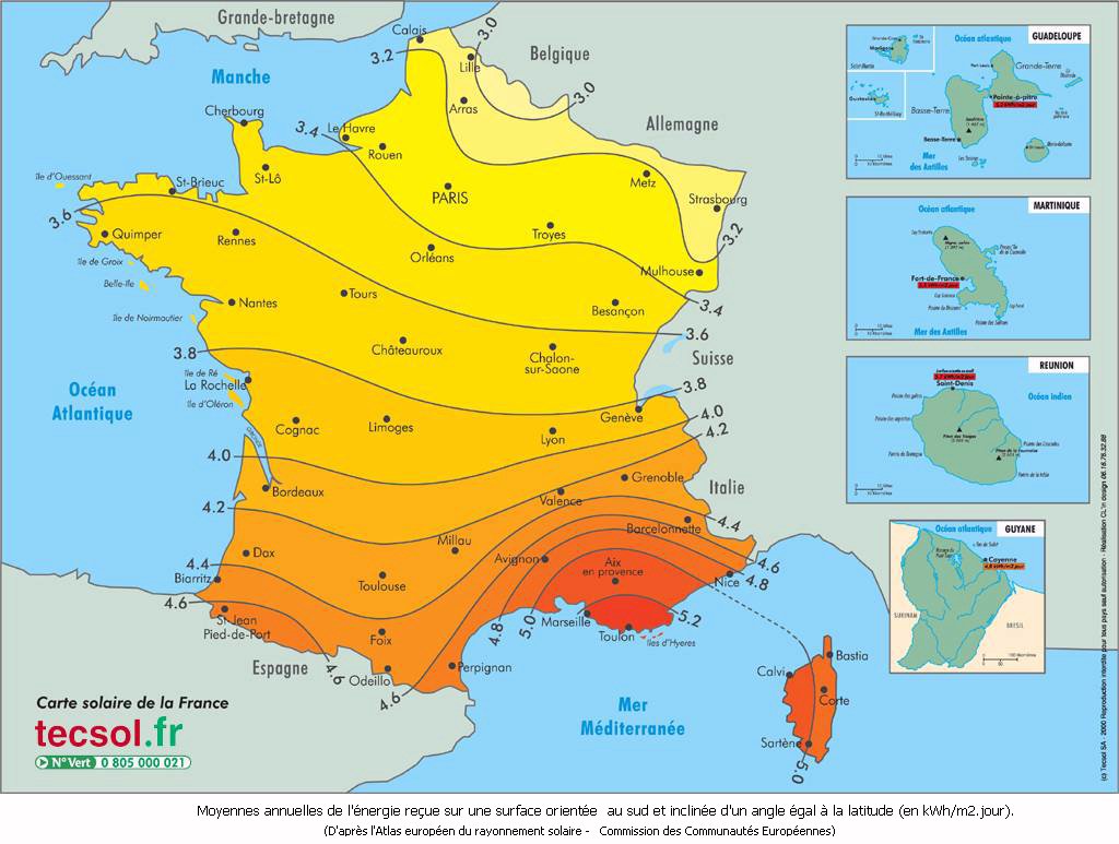 découvrez notre carte solaire de la france, un outil essentiel pour visualiser l'ensoleillement dans chaque région. optimisez votre projet d'énergie solaire avec des données précises sur la production d'électricité photovoltaïque et les meilleures zones pour capter le soleil.