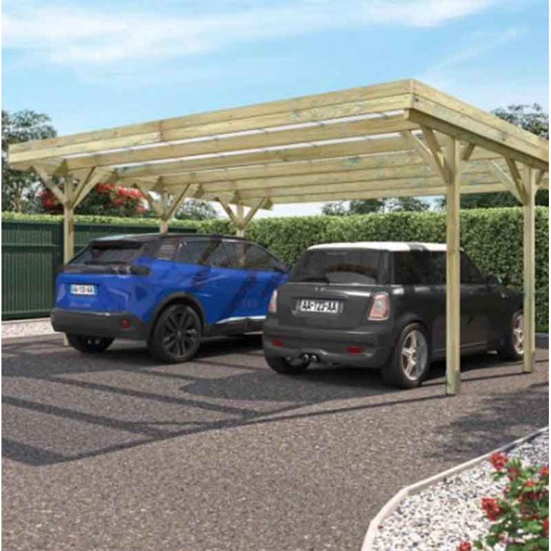 découvrez notre carport en bois conçu pour abriter deux voitures, alliant durabilité et esthétisme. protégez votre véhicule des intempéries tout en apportant une touche naturelle à votre extérieur. idéal pour les familles et les amateurs de design extérieur.